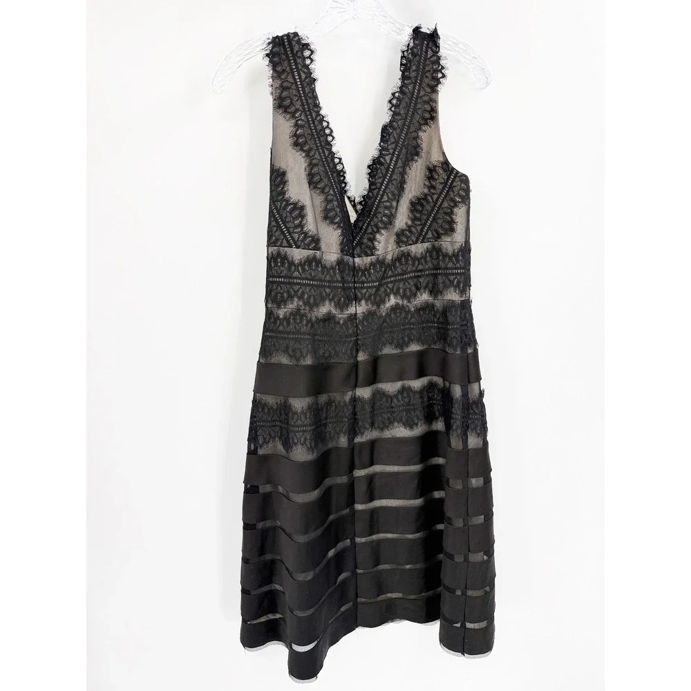 JS Collections Black Lace Satin Tiered V-Neck Cocktail Dress Size 10 Evening